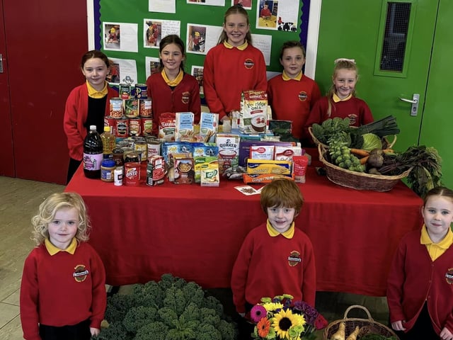 Pupils from Ballougry Primary School pictured at the Harvest Assembly and Food Bank held in the school on Wednesday morning.