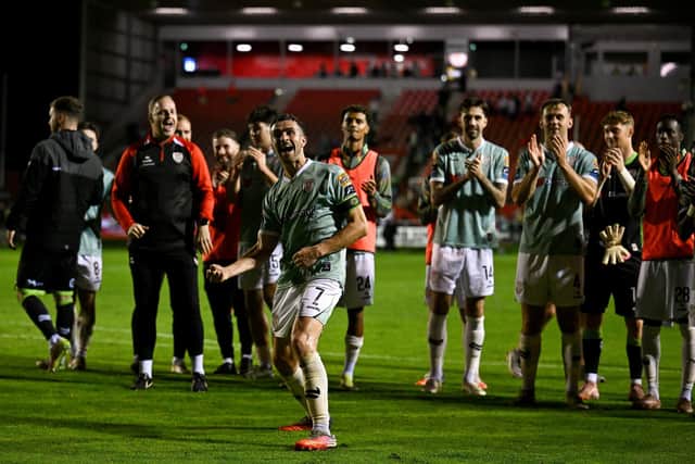 Michael Duffy of Derry City celebrates after winning the SSE Airtricity Men’s Premier Division match between Shelbourne and Derry City at Tolka Park in Dublin. Photo by Paul Phelan/Sportsfile