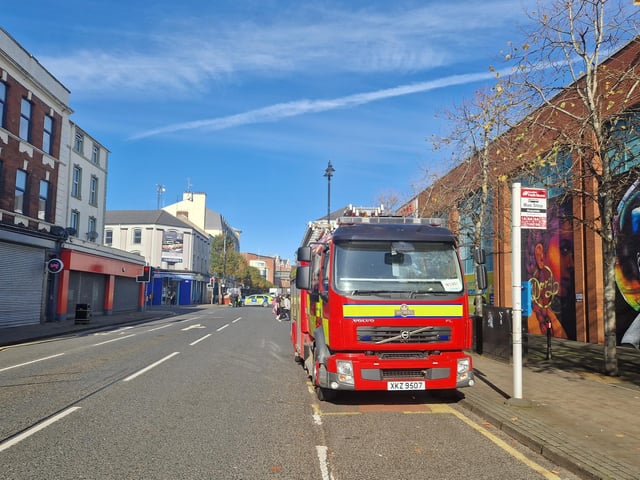 A fire appliance parked on the Strand Road during Monday's emergency incident.