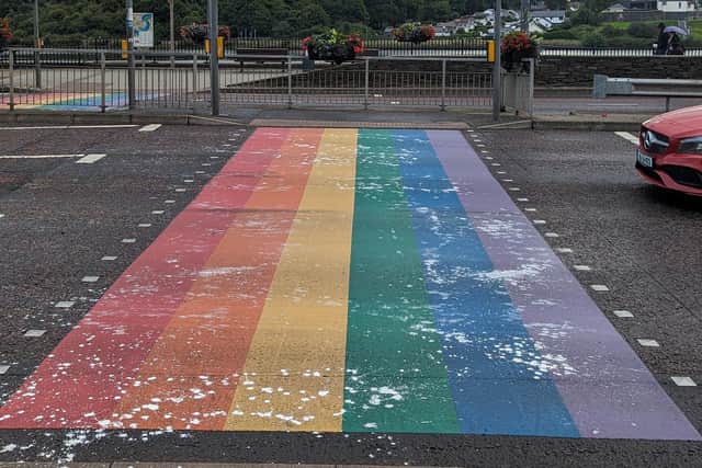 The rainbow crossing in Derry city centre which has been daubed with paint in a suspected hate attack.