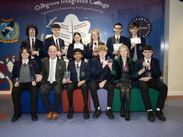 Mrs. Middleton, Head of Year 10 and Ms. Felicity McCall, Board of Governors presenting awards at the recent Oakgrove Integrated College Junior Prizegiving. (Photos: jIm McCafferty Photography)
