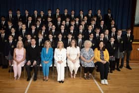 Lumen Christi College Year 8 students who achieved Gold Merit Awards with Mrs Ailish O’Kane (Head of Year 10), Mrs Léan McShane (Senior Teacher), Mrs Brónach O’Hare (Vice Principal), Mrs Roisin McDermott (Head of Year 8) and Year 8 Form Tutors. (Photos: Jim McCafferty Photography)