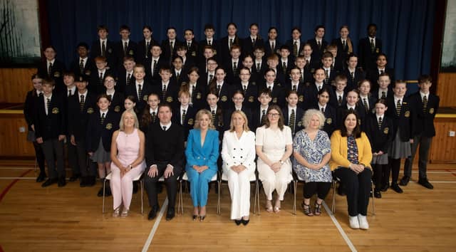 Lumen Christi College Year 8 students who achieved Gold Merit Awards with Mrs Ailish O’Kane (Head of Year 10), Mrs Léan McShane (Senior Teacher), Mrs Brónach O’Hare (Vice Principal), Mrs Roisin McDermott (Head of Year 8) and Year 8 Form Tutors. (Photos: Jim McCafferty Photography)