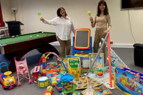 Western Trust Health Visitors Donna McNally and Cheryl McElhinney called into the Forum’s offices on the third floor of the Strand Road Embassy Building to deliver a whole range of new toys.