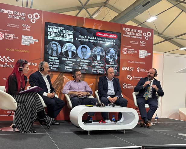 From left moderator Tina Calder (Excalibur Press) with panellists Mark Johnston (Johnston Financial Solutions), Jim McWIllams (INFOFORTE), Alan Lowry (Environmental Street Furniture & Federation of Small Business) and David Honeyford (MLA)