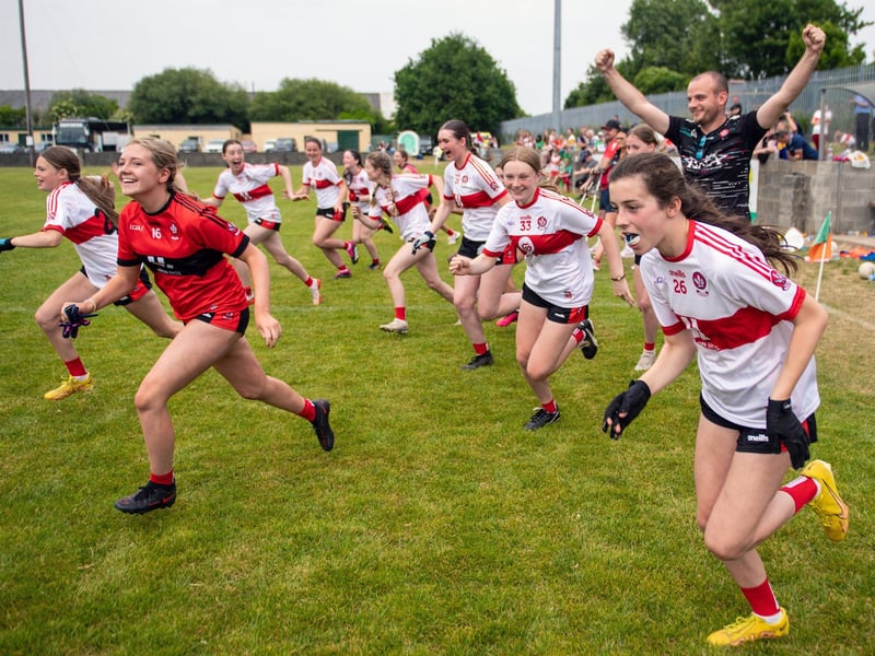 Derry players celebrate after the 2023 All-Ireland U14 Gold Final at Clan na Gael GAA Club in Dundalk, Co. Louth. Photo by Stephen Marken/Sportsfile