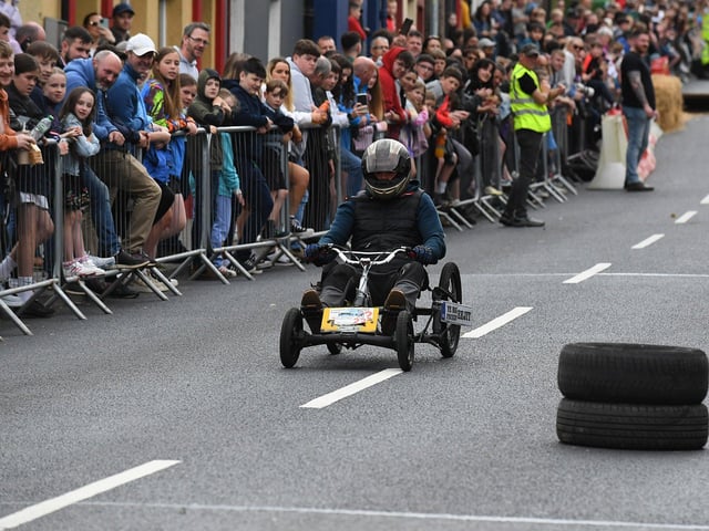 Competitor takes part in the Soap Box Derby run, held in Carndonagh, on Saturday afternoon. Photo: George Sweeney
