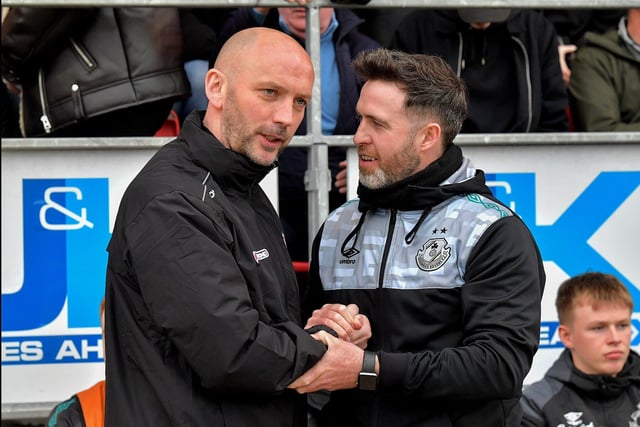 Derry City assistant manager Paddy McLaughlin greets Shamrock Rovers manager Stephen Bradley before the big game kick off, in the Ryan McBride Brandywell Stadium,on Monday evening. Photo: George Sweeney.  DER2318GS – 39