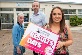 NWRC Graduate Aoife Harvey encourages students to attend Results Days at NWRC - she is pictured with Clare Heffernan, Learning Support Assistant and Limavady Campus Manager Luke McCloskey. 