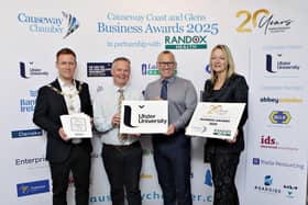 Chamber President James Kilgore with Malachy O'Neill and Aidan O'Kane from Ulster University and CEO of Causeway Chamber Karen Yates