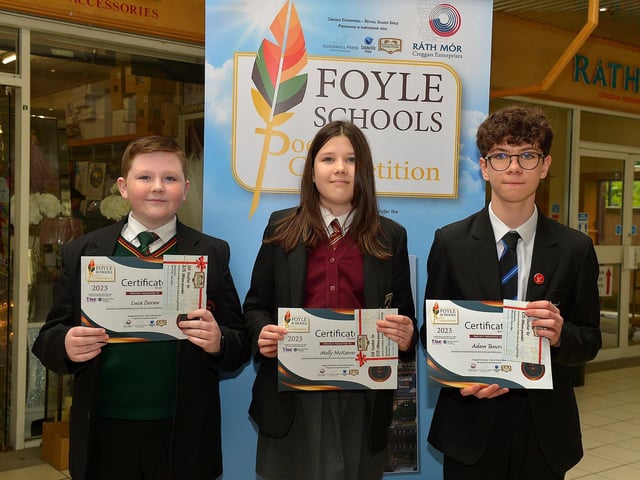 Joint Third Place in the KS3 My Community category in the inaugural Foyle Schools Poetry Competition were Luca Doran St Joseph’s School, Molly McKeever, St Brigid’s College and Adam Tancred, St Columb’s College. Photo: George Sweeney. DER2313GS – 39