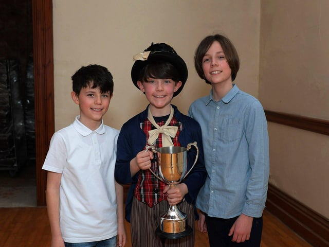 Ben Langan winner of the James McCafferty medal, David Langan winner of the Bertie Barrett Cup and James Langan placed 1st in Own Choice Song Age 8-10 at the Feis Dhoire Cholmcille on Friday at St Columb’s Hall. Photo: George Sweeney.