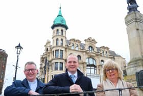 Marking the announcement of £1.2m for the redevelopment are Minister Gordon Lyons, Rev Robert Miller and Helen Quigley from the Inner City Trust. Lorcan Doherty Photography