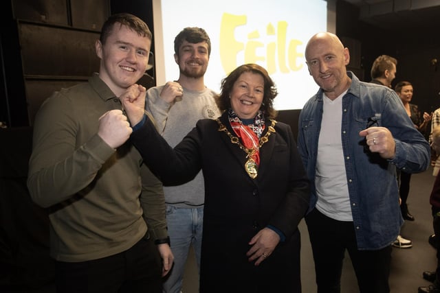 The Mayor, Patricia Logue pictured at Monday's film premiere 'Rath Mór Warriors - Release Your Inner Warrior' with kickboxer Conal McBrearty, film producer Rory Campbell and kickboxing coach Sean McGill.