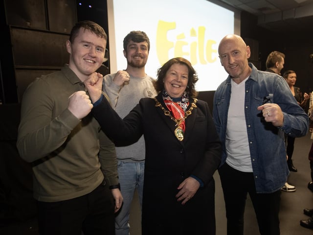 The Mayor, Patricia Logue pictured at Monday's film premiere 'Rath Mór Warriors - Release Your Inner Warrior' with kickboxer Conal McBrearty, film producer Rory Campbell and kickboxing coach Sean McGill.