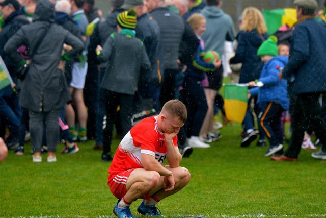 A dejected Ruairi Rafferty after Drumsurn were defeated by Glenullin in the IFC final in Celtic Park on Sunday afternoon last.  Photo: George Sweeney.  DER2243GS – 025