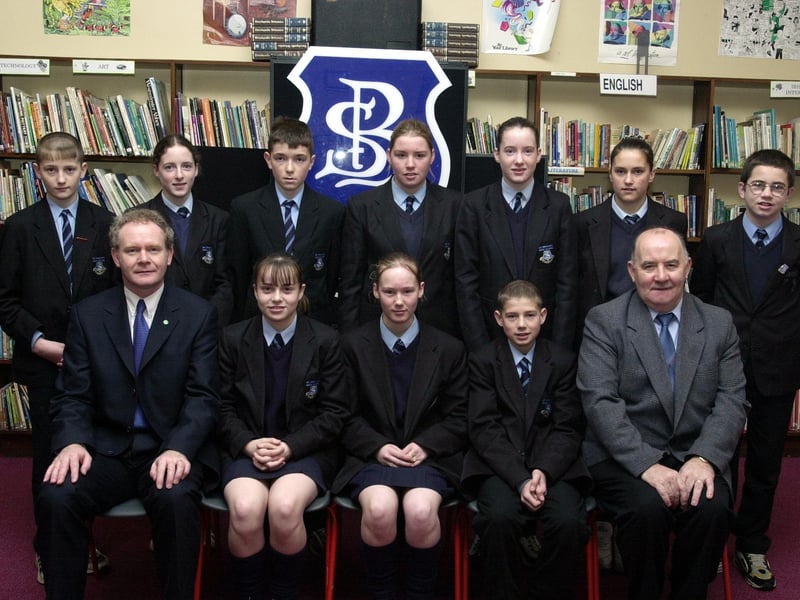 Mr. Martin McGuinness, Minister for Education, and Mr. , Board of Governors, pictured with Year 10 prizewinners. Included, at front, are Natalie Quinn, Bernadette Holmes and Patrick Collins. Back, from left, are Damien Margowicz, Una Dunne, Damien Starrett, Claire O'Brien, Ciara Dunne, Ciara Doherty and Thomas Kelly. (1/12/CD15) : Pictured are students, staff and invited guests at the annual school prize-giving at St Brecan's High School, Top of the Hill back in the year 2000.