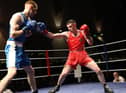 Sean Donaghy, winner (St. Canice's ABC) lands a right to his opponent Rory Kinney (Scorpion ABC) in the 80 kg. bout at the Ulster Elite Boxing Finals. (Photo - Tom Heaney, nwpresspics)