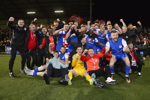 Larne's players and fans celebrate their Danske Bank Premier victory on Friday night. (Photo: Arthur Allison/Pacemaker Press)