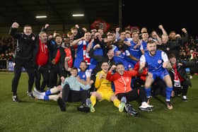 Larne's players and fans celebrate their Danske Bank Premier victory on Friday night. (Photo: Arthur Allison/Pacemaker Press)