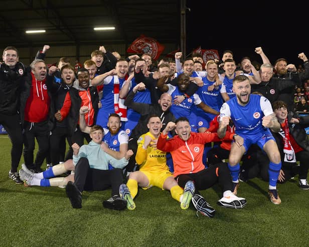 Larne's players and fans celebrate their Danske Bank Premier victory on Friday night. (Photo: Arthur Allison/Pacemaker Press)