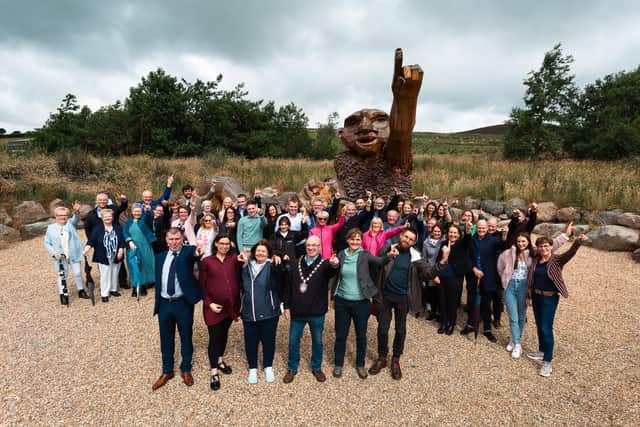 Derry City & Strabane District Council Mayor Patricia Logue pictured at the launch of the Giants, with all fingers pointing skyward to mark the special occasion.