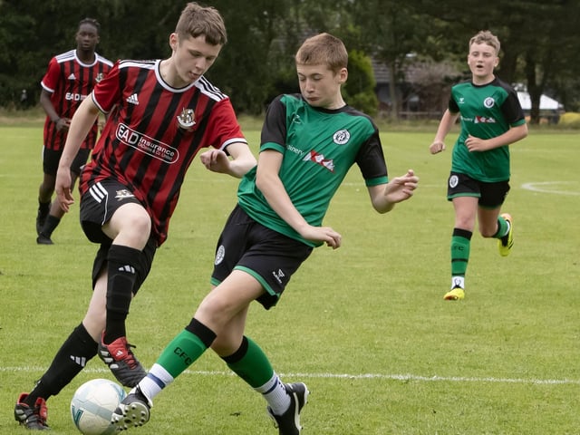 Action from Wednesday's u-14 Foyle Cup clash between Crusaders and Castlewellan Town in the O'Neills Foyle Cup at Lisnagelvin Pitches, Derry. (Photos: Jim McCafferty Photography)