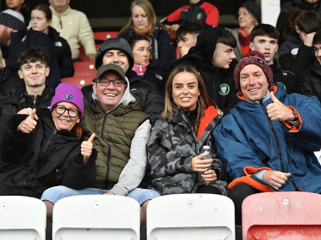 Fans in Celtic Park, on Sunday afternoon, for the Derry Junior Football Championship Final between Doire Trasna and Slaughtmanus. Photo: George Sweeney