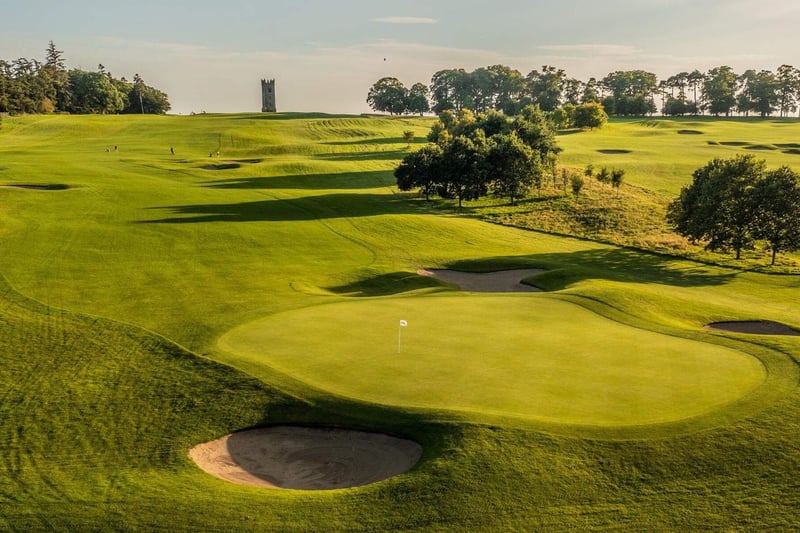 The 10th and 11th holes at Carton House with Tyrconnell Tower in the distance