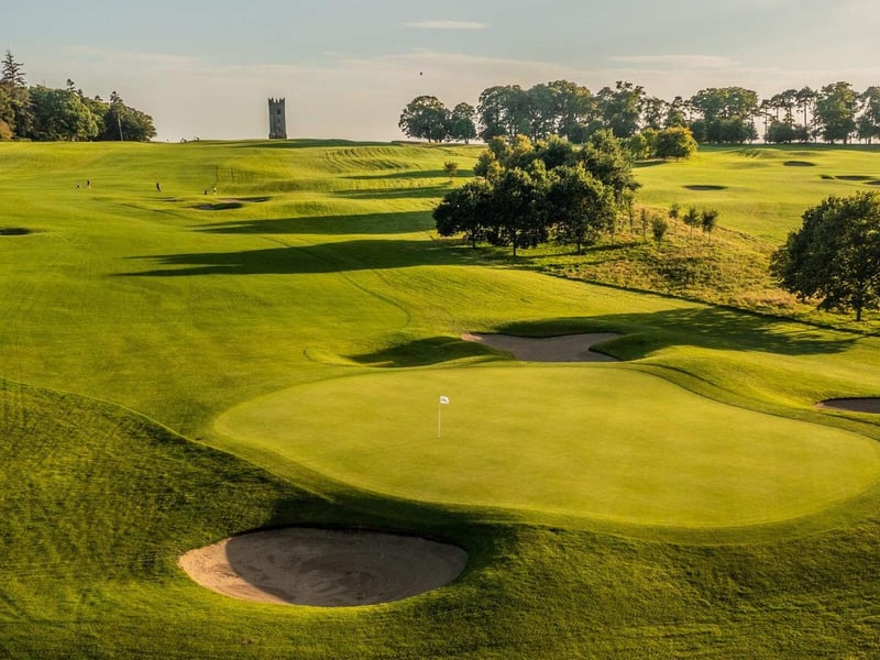The 10th and 11th holes at Carton House with Tyrconnell Tower in the distance
