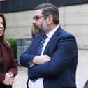 Infrastructure Minister Liz Kimmins (left) speaking with Niall McKenna, chairperson of the A5 - Enough is Enough group, outside Laganside Courts in Belfast. Liam McBurney/PA Wire