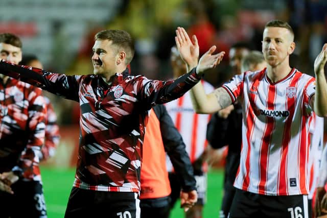 Derry City captain Patrick McEleney and his brother Shane celebrate their FAI Cup semi-final win over Bohemians in front of the travelling fans at Dalymount. Photo: Kevin Moore/MCIphoto