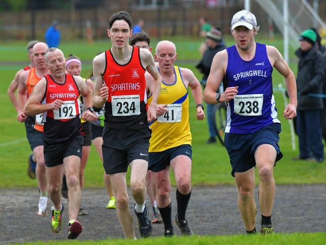 Spartans Diarmuid O’Kane (192) and Ethan Wade (234) competing in the Spartans open cross country 6k race at Thornhill College on Saturday. Photo: George Sweeney
