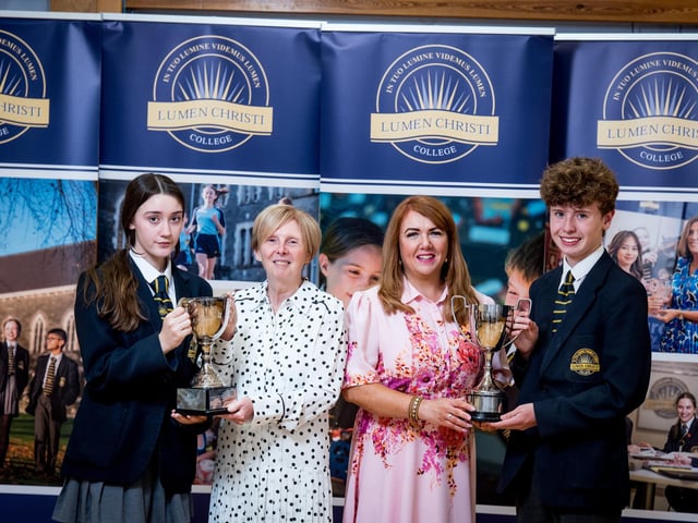13. Martha Ferris and Ciaran Logue receiving the Year 9 Pupil of the Year Award from Mrs Emer McCaffrey (Head of Year 9) and Dr Marie Ferris (Principal). Stephen Latimer.