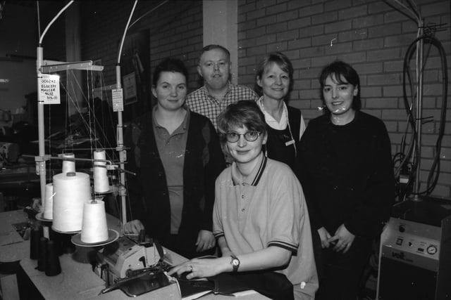 Helping to make a range of new jeans straight from the designer, Jackie Peace, seated, with (L-R) Diane Kelly, David Doherty, Helen Kirk (Samples supervisor) and Jacqueline Boyd.