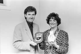 Daniel O’Donnell receiving a civic plaque and parian china vase from the then Mayor of Derry, Annie Courtney, 1994