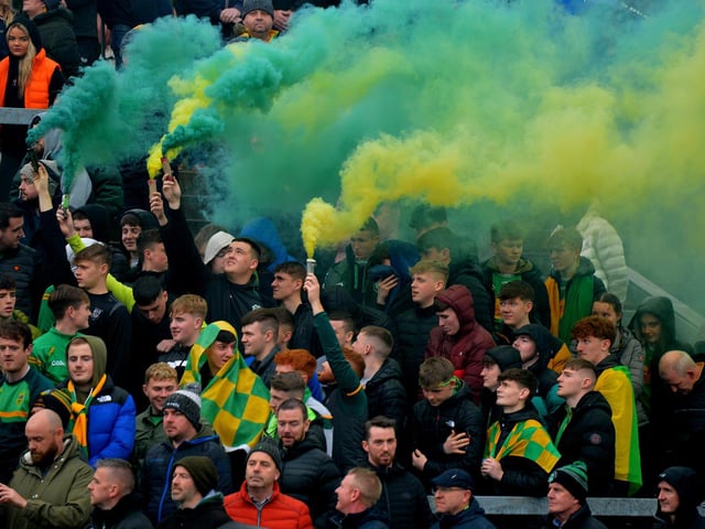 Fans of Watty Graham’s, Glen pictured at the SFC final game against Slaughtneil, in Celtic Park, on Sunday afternoon.  DER2243GS – 013
