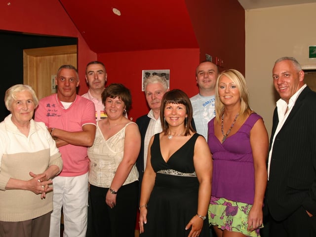 The Gallagher Family left to right Mum Margo Joe Tommy junior Lauren dad Tommy Suzanne Marty Donna and Paddy  6449dd  : Triple Gallagher party.