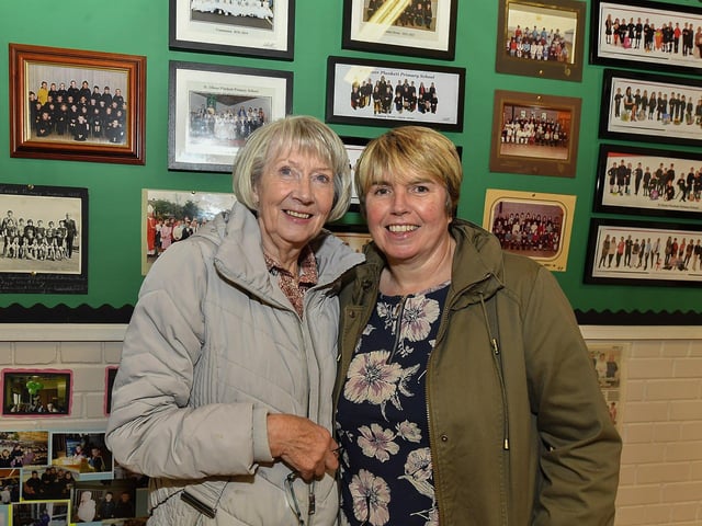Bridie Irvine (left) with Debbie Dunne (nee Doherty), who is a past pupil, at St Oliver Plunkett’s Primary School’s 50th anniversary celebrations on Thursday evening.