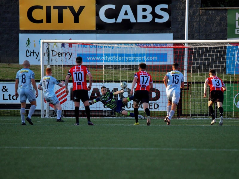 June 2023: Derry City goalkeeper Brian Maher saves a first half penalty from Shelbourne’s Shane Farrell (17). Photo: George Sweeney
