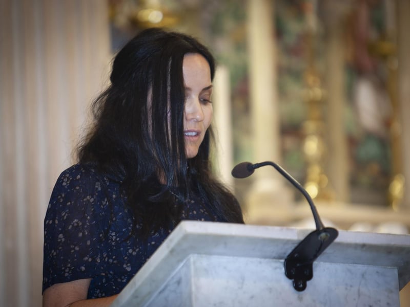 Irish singer-songwriter Andrea Corr addressing the attendance at Tuesday night’s Sister Clare Retreat in the Long Tower Church, Derry.