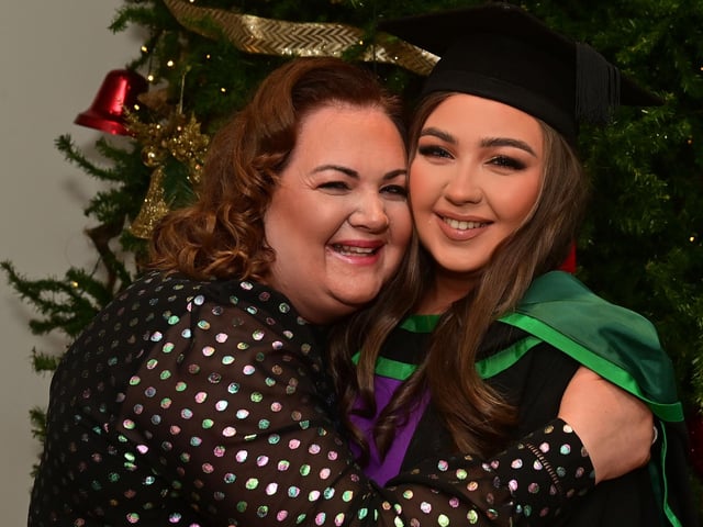 Pacemaker Press 13/12/22
From L-R Clodagh Curran with her mum Leona ,Who graduated in Nursing at the Ulster University graduation in the Millennium Forum in Derry on Tuesday.
Pic Pacemaker:.