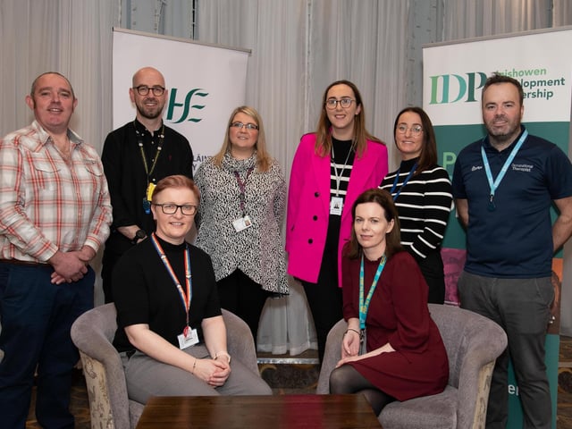 At the HSE & IDP Health, Social Care Recruitment & Education Fair in Inishowen Gateway Hotel on Tuesday last seated are Carol Murphy, Physiotherapist and Yvonne McLaughlin, Disability Services. Back from left are Niall McDaid, Home Help, Joe Nellis, Social Worker, Maeve Mooney, Staff Nurse, Sarah Jane Doherty, Dietician, Martina O'Donnell, Occupational Therapist (OT) and Paul Hueston. Photo Clive Wasson