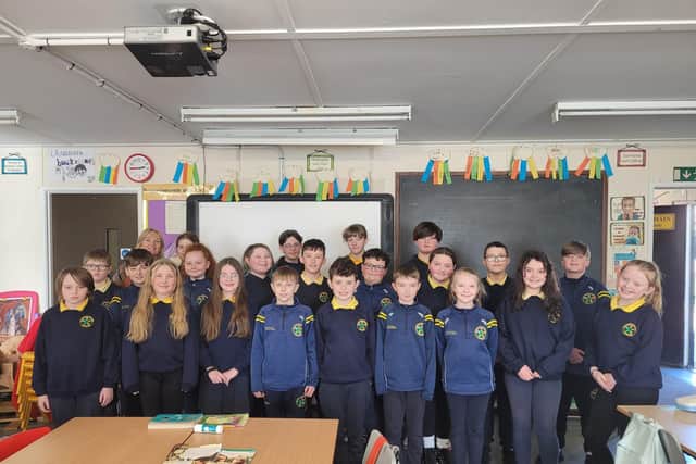 Primary 7 pupils in Gaelscoil Éadain Mhóir who won the North West Drama Festival last week in Omagh.