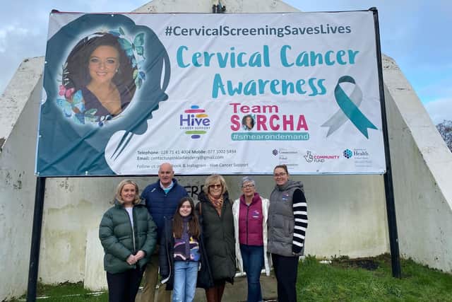 Team Sorcha members and Hive Cancer Support staff pictured at Free Derry Corner for the launch of this year's Cervical Smear Awareness campaign.