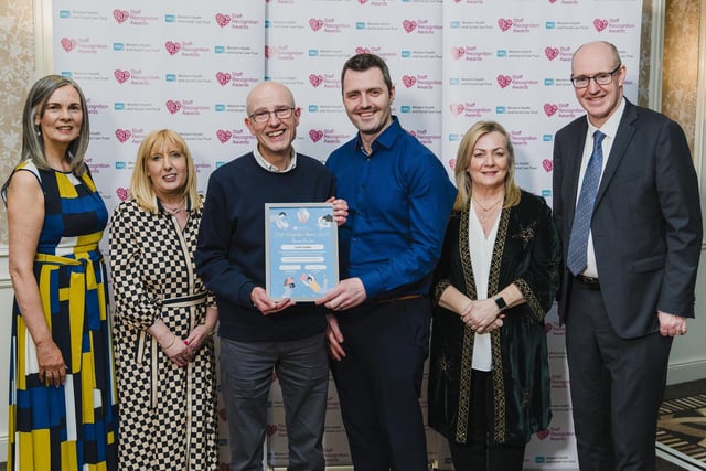 Highly Commended in the Lifetime Achievement category is Colin Cotter, retired Social Worker, Waterside Hospital pictured  with colleagues; Karen Hargan, Director of Human Resources & Organisation Development and Neil Guckian, Chief Executive, Western Trust.