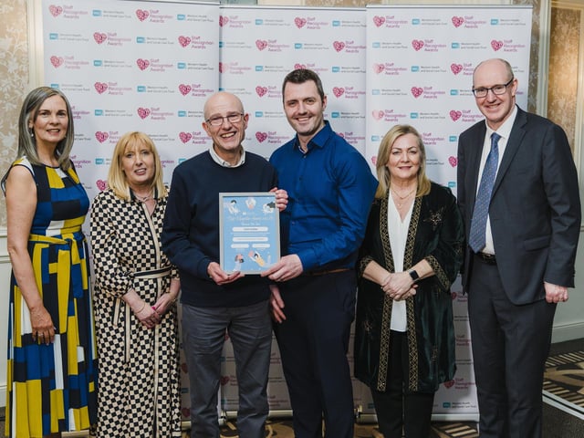 Highly Commended in the Lifetime Achievement category is Colin Cotter, retired Social Worker, Waterside Hospital pictured  with colleagues; Karen Hargan, Director of Human Resources & Organisation Development and Neil Guckian, Chief Executive, Western Trust.
