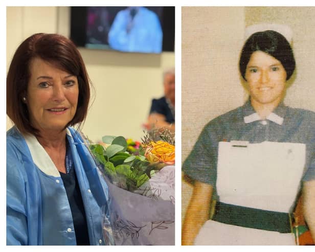 Bridie Sheridan pictured as she retired from Kingsbridge Hospital last Wednesday and on right, in her early nursing career.