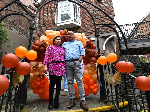 Proprietors Joseph and Ralyn Petingco pictured at the opening of Derry’s first Filipino restaurant, called Bahay Kusina, in the Craft Village, on Saturday afternoon. Photo: George Sweeney