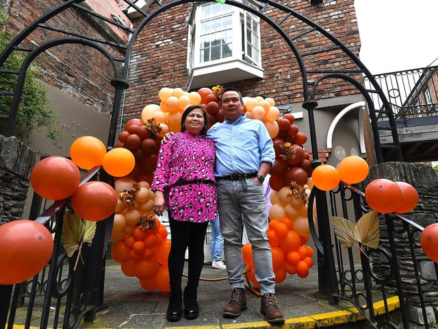 Proprietors Joseph and Ralyn Petingco pictured at the opening of Derry’s first Filipino restaurant, called Bahay Kusina, in the Craft Village, on Saturday afternoon. Photo: George Sweeney